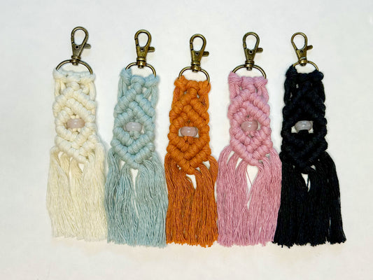 Macrame Stone Bead Keychain - Rose Quartz
