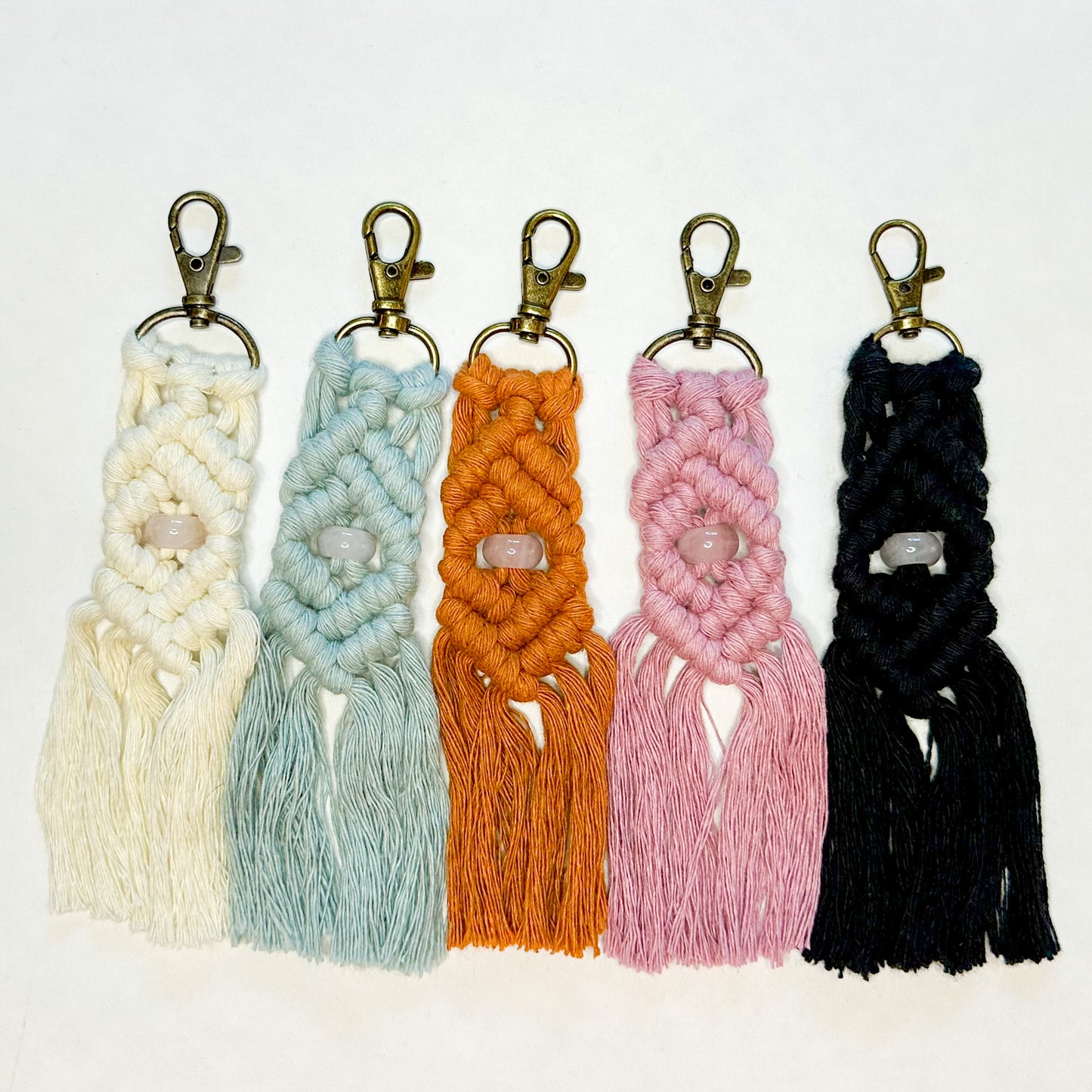 Macrame Stone Bead Keychain - Rose Quartz