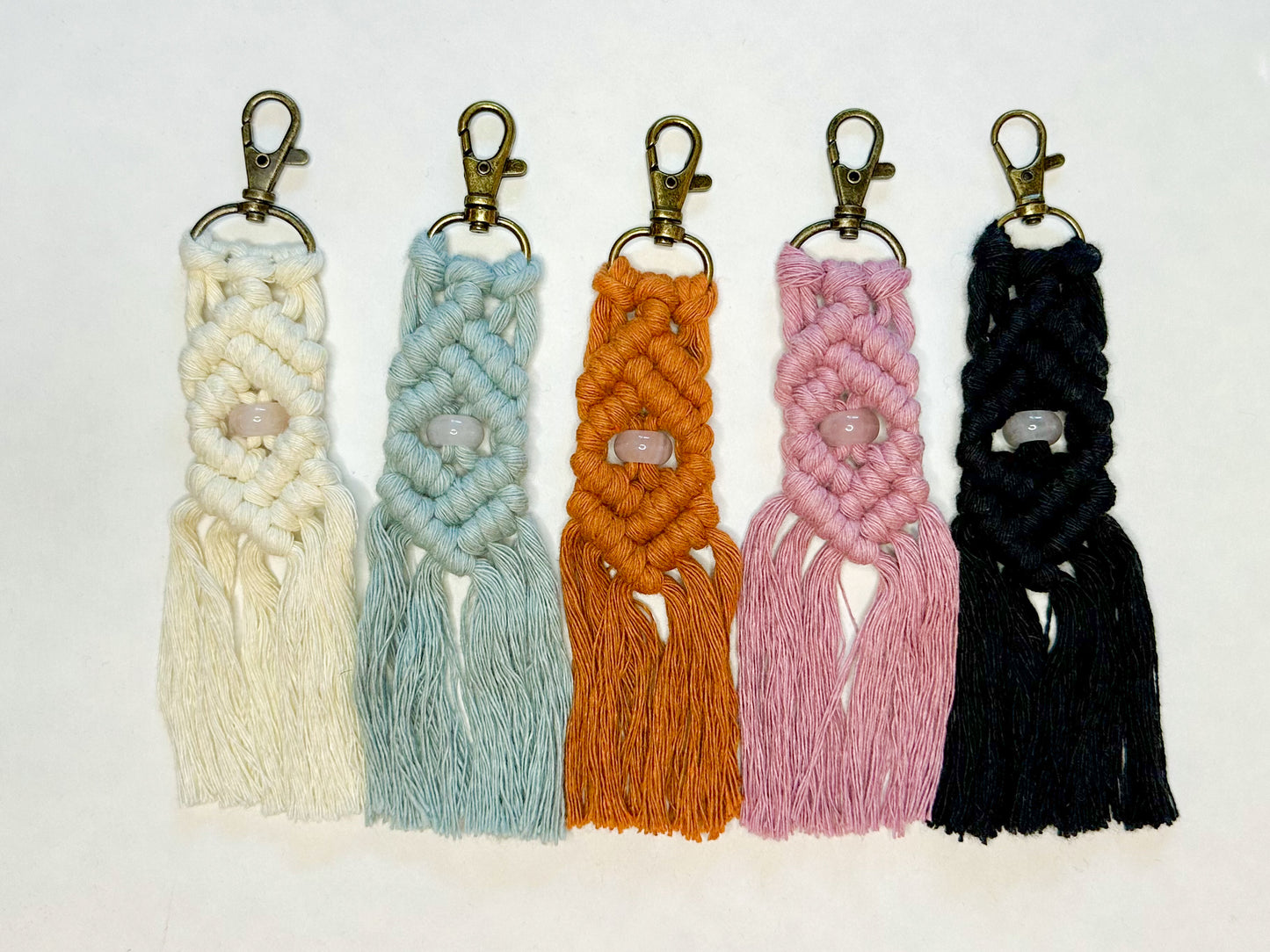 Macrame Stone Bead Keychain - Rose Quartz
