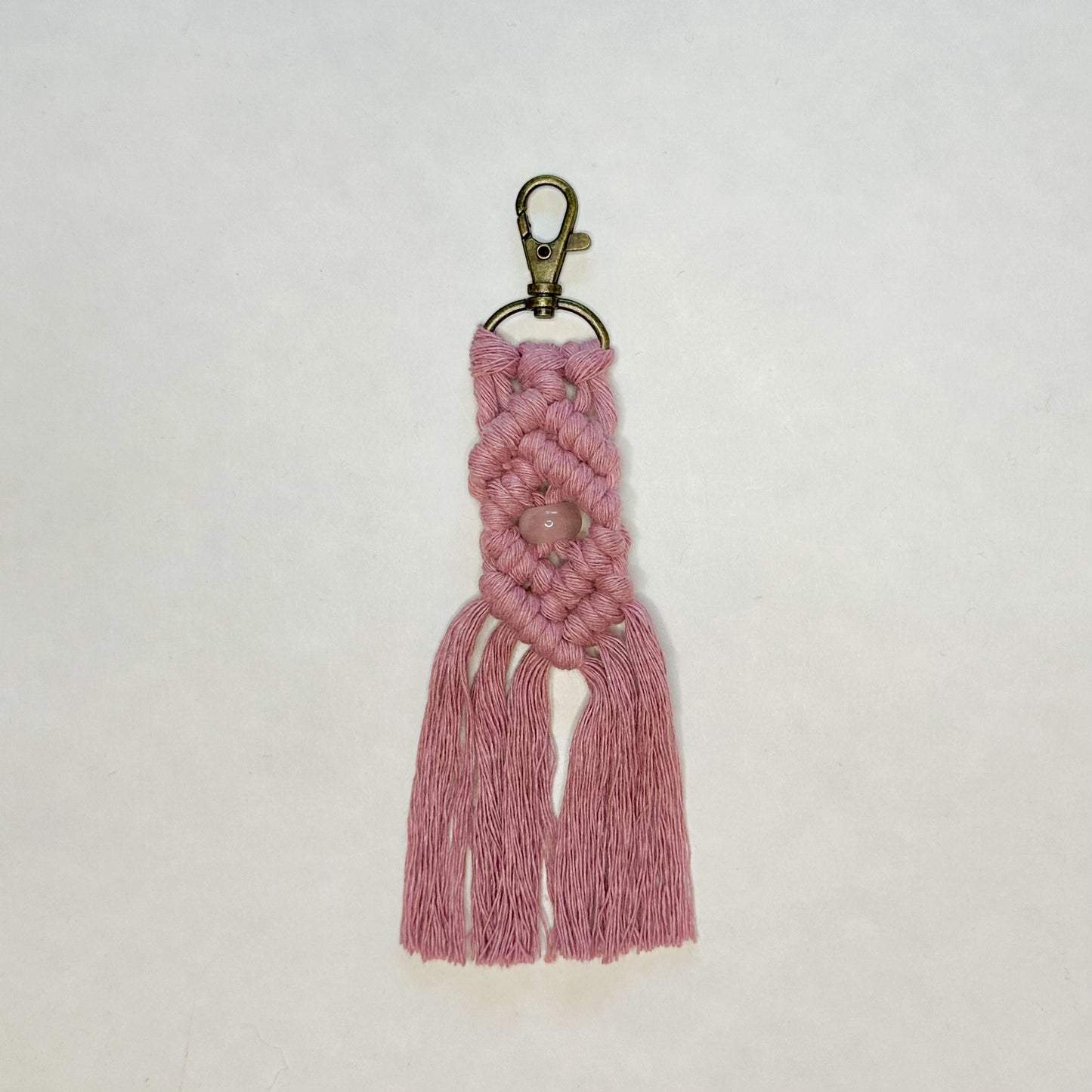 Macrame Stone Bead Keychain - Rose Quartz