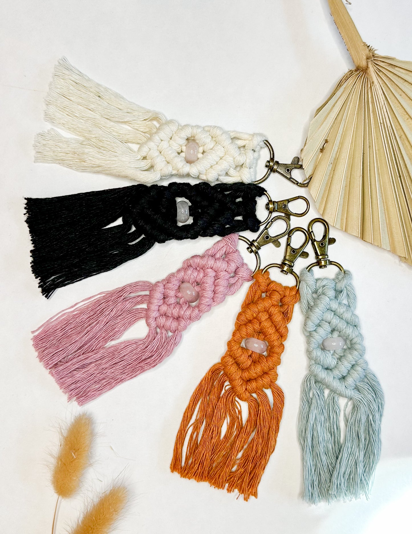 Macrame Stone Bead Keychain - Rose Quartz