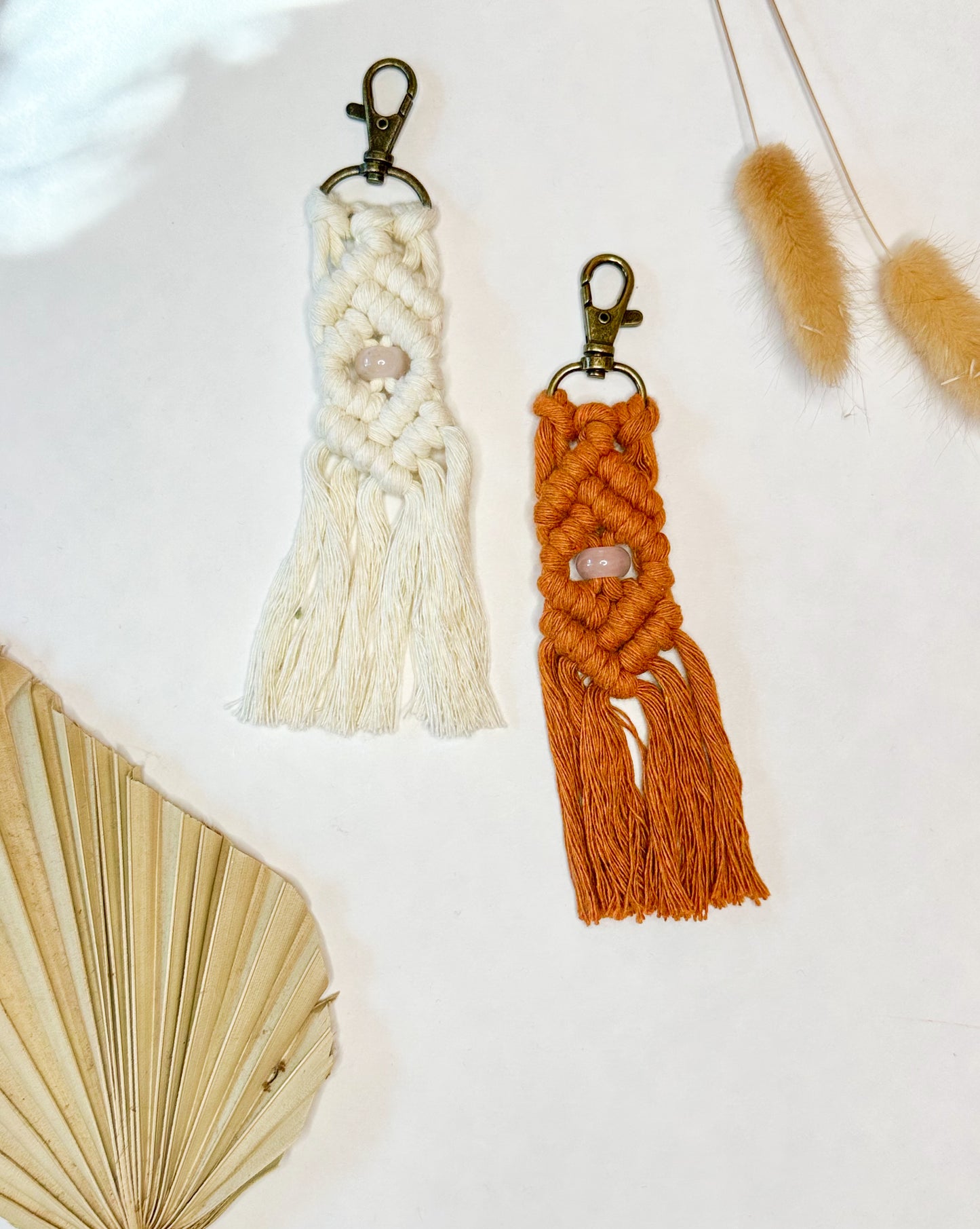 Macrame Stone Bead Keychain - Rose Quartz