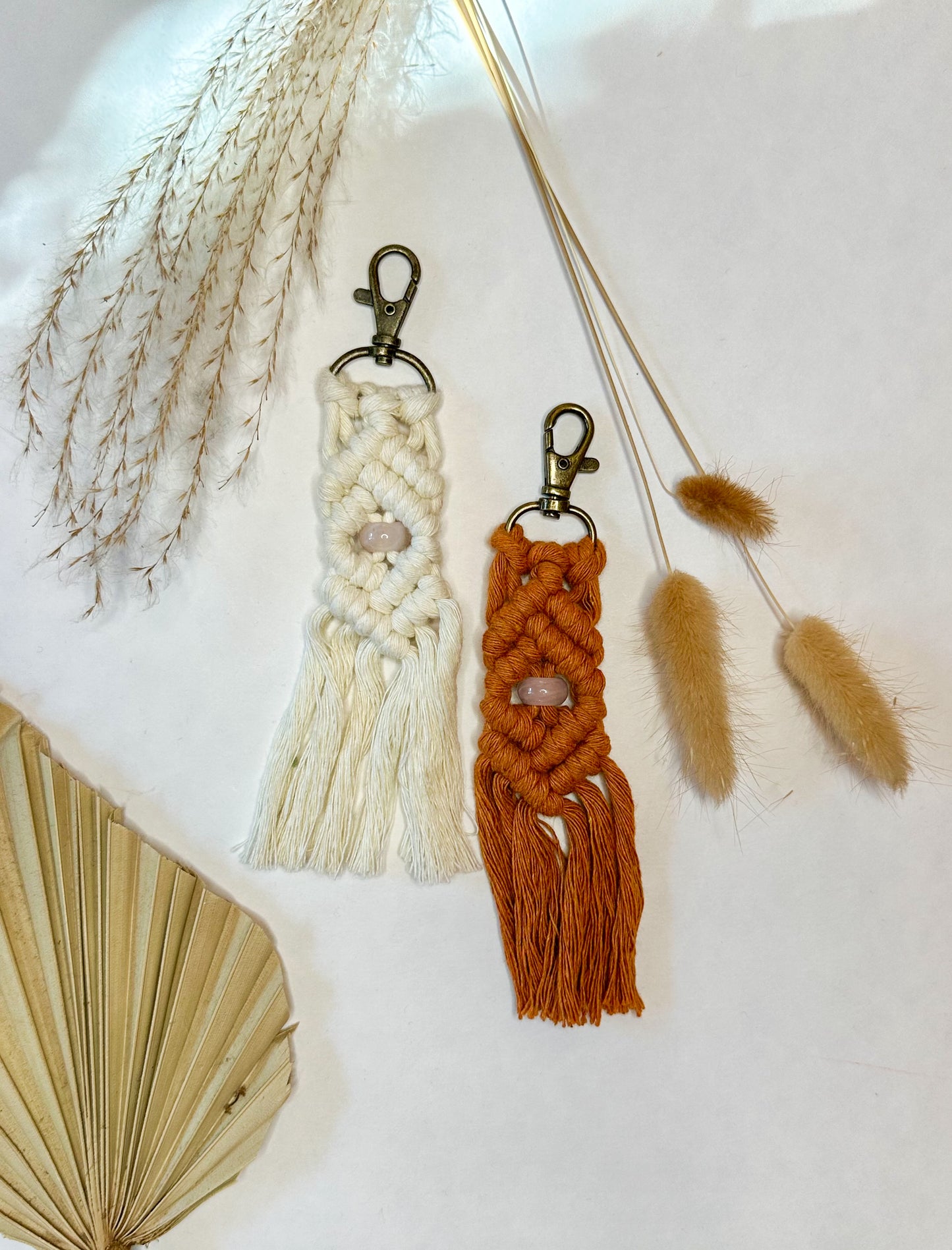 Macrame Stone Bead Keychain - Rose Quartz